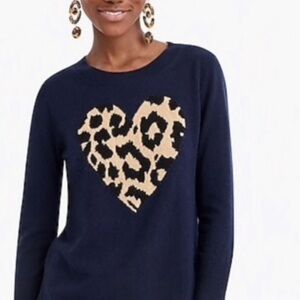 J. Crew navy leopard heart 100% cashmere crewneck sweater. Small.